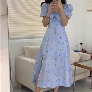 Blue summer floral dress with slit